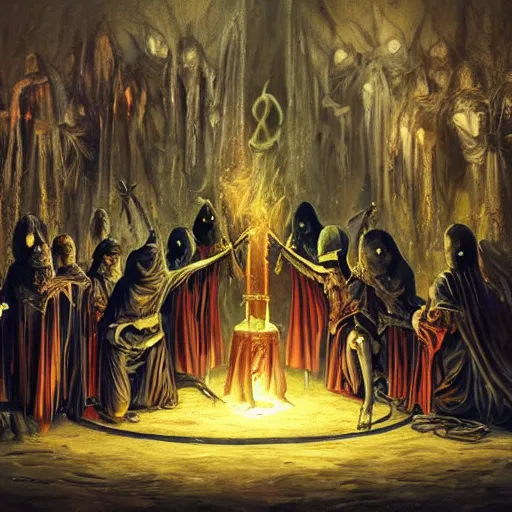 Image similar to painting of evil occult ritual with hooded cult members worship demonic shrine, ultra realistic, concept art, intricate details, eerie highly detailed