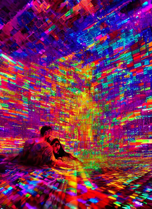 Image similar to cinematic shot cyberspace of creativity, large floating holographic moving images, hyper realistic, mood lighting, fantasy, detailed happy people creating colorful diverse art, highly detailed, super realistic, perfect lighting pixel sorting, style sheet