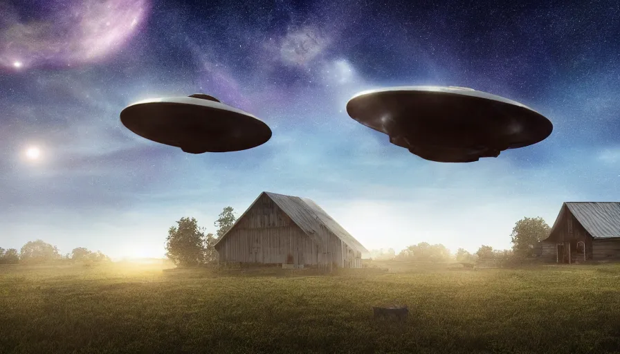 Image similar to a ufo floats over a broken barn, debris floats upwards, volumetric lighting, night, photorealistic rendering, color palette, 8 k, hyperdetailed