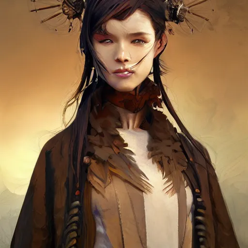Prompt: A masterpiece portrait of a Incredibly beautiful queer Syberian post apocalyptic shaman girl . medium shot, intricate, elegant, highly detailed. trending on artstation, digital art, by Stanley Artgerm Lau, WLOP, Rossdraws, James Jean, Andrei Riabovitchev, Marc Simonetti, Yoshitaka Amano