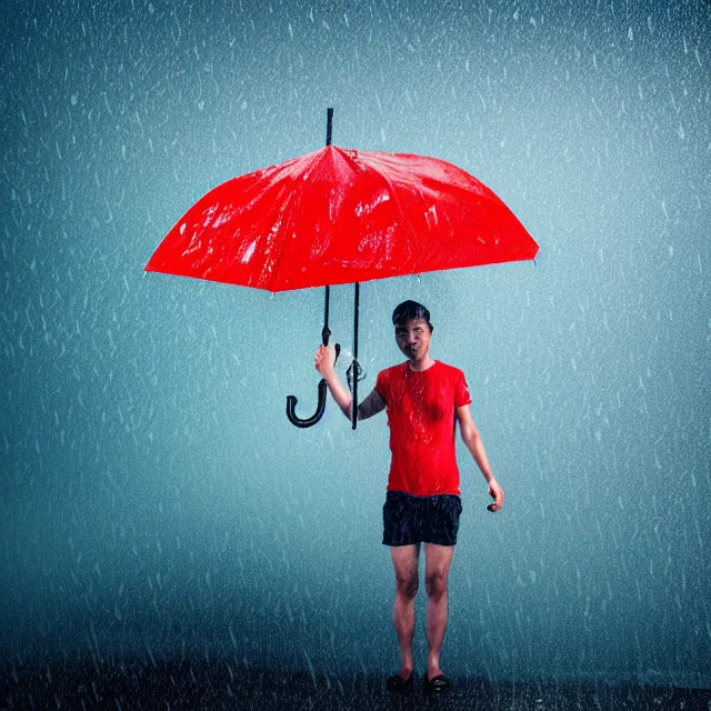 Prompt: crosseyed giant fish with human legs and arms holding an umbrella while it rains, 4 k