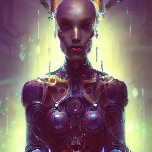 Prompt: portrait of a beautiful cybernetic enchantress, cyberpunk concept art by pete mohrbacher and seb mckinnon and beksinski and josan gonzales, digital art, highly detailed, intricate, sci-fi, sharp focus, Trending on Artstation HQ, deviantart, unreal engine 5, 4K UHD image