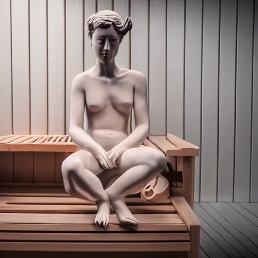 Prompt: realistic porcelain statue of a person sitting in sauna, 4 k photo, spotlight