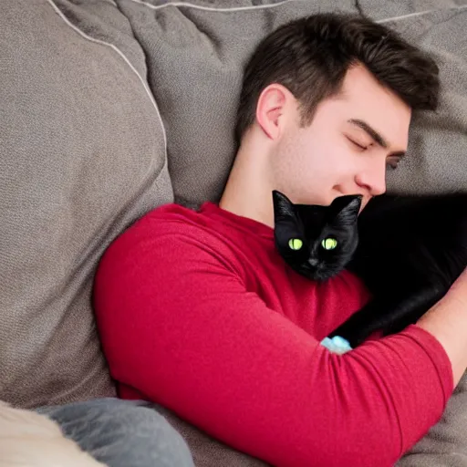 Prompt: young man cuddling with black cat