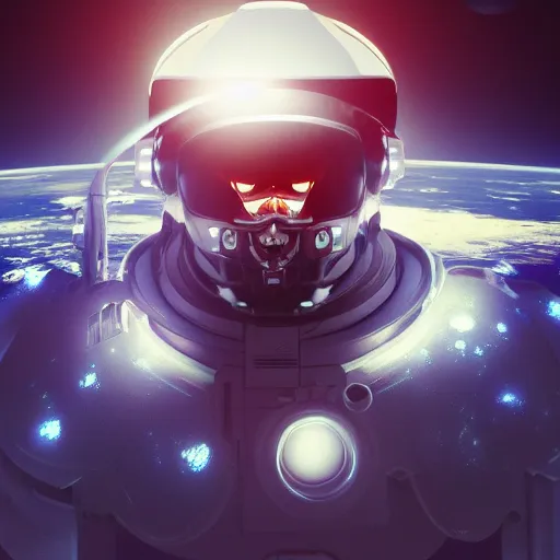 Image similar to beautiful portrait of a mecha astronaut alone on event horizon flying in void space with spaceship destroyed, octane render, trending on artstation, hyperrealistic, character photography