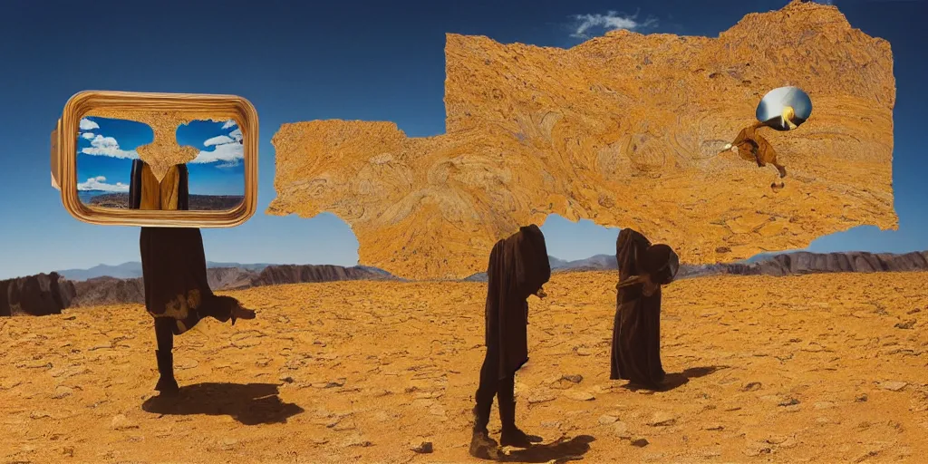 Image similar to levitating woman with full - face golden mask in a dry rocky fractal desert landscape, visible sky and sunny atmosphere, fata morgana and giant square infinite mirrors by alejandro jodorowsky, anamorphic lens, kodakchrome, practical effects, masterpiece, 8 k