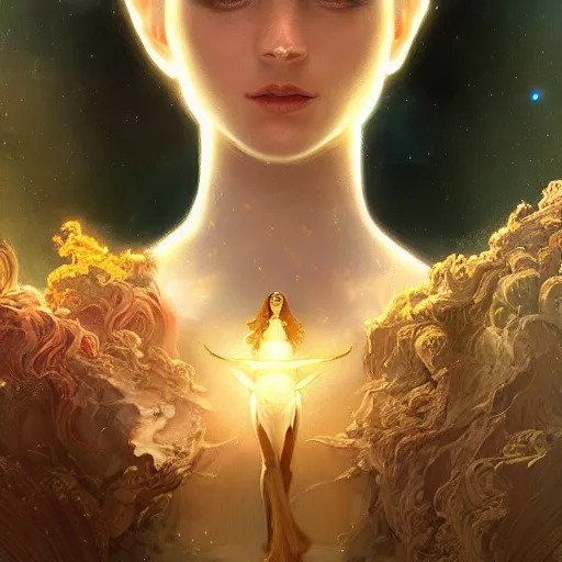 Prompt: epic portrait goddess of space, beauty, pretty face, glossy skin, dark, stars, glowing, digital painting, artstation, concept art, soft light, hdri, smooth, sharp focus, illustration, fantasy, intricate, elegant, highly detailed, D&D, matte painting, in the style of Greg Rutkowski and Alphonse Mucha and artemisia, 8k, highly detailed, jurgens, rutkowski, bouguereau, pastoral, rustic, georgic