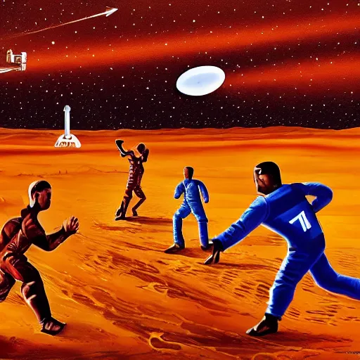 Prompt: astronauts playing kabadi on mars. highly detailed photorealistic trending on art station.