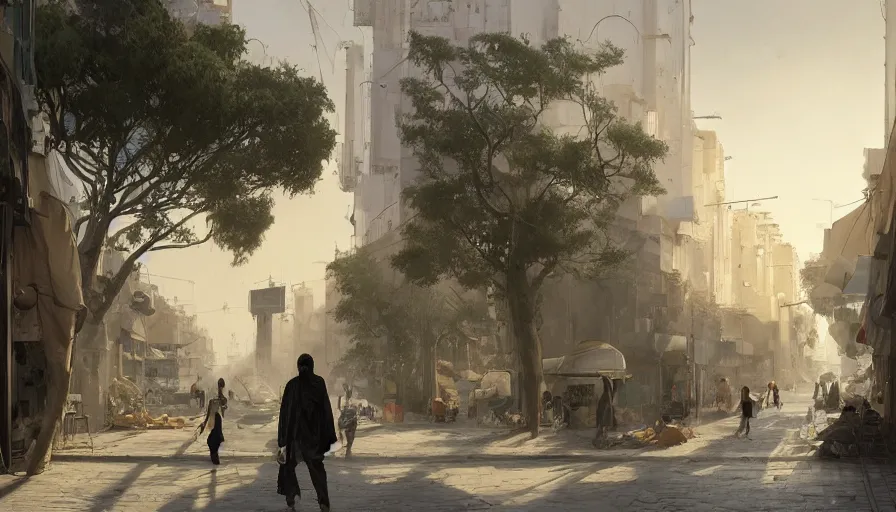 Image similar to jeddah city street, roshan, shops, a bright pharmacy, a nomad wearing a worn out coat, plants, tree, dramatic lighting, sci fi, by caspar david friedrich by james gilleard and justin gerard, centered, artstation, smooth, sharp focus, photoreal octane render, by jean baptiste monge, gustave dore, deviantart