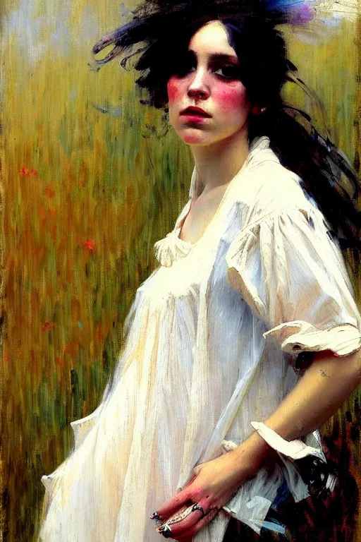 Image similar to impressionist brushstrokes!!!!!!!!! solomon joseph solomon and richard schmid and jeremy lipking victorian loose genre loose painting full length portrait painting of a young beautiful woman punk rocker