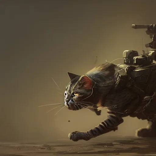 Image similar to armored cat by jean - baptiste monge, high quality, high resolution, 4 k, painted by cgsociety, rutkowski, gurney with ambient lighting, concept art, detailed, smooth, dynamic volumetric cinematic lighting, octane, raytrace