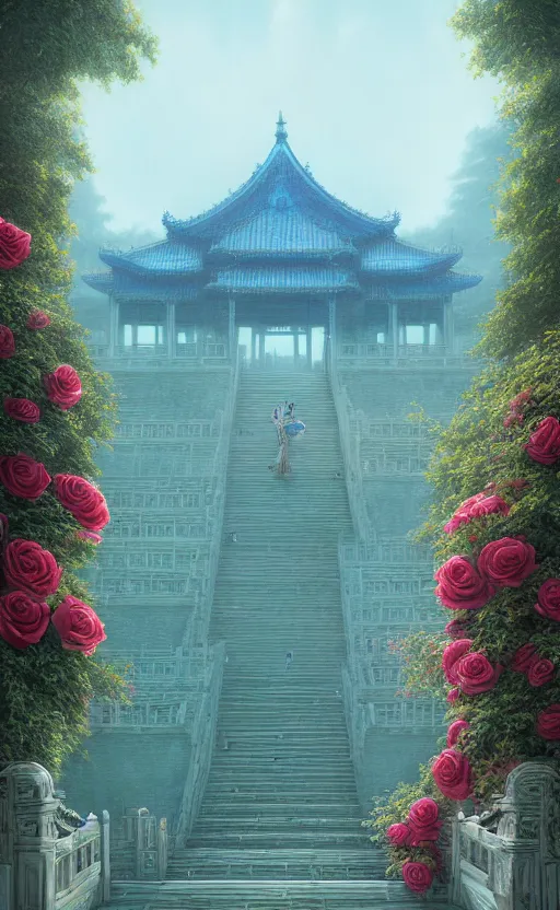 Image similar to vanishing point, palace covered with aqua blue roses like the forbidden city in distance at the red rose royal manor, viewed from afar, stephen bliss, misty, unreal engine, fantasy art by greg rutkowski, loish, ferdinand knab, and lois van rossdraws,, global illumination, radiant light, minimalist, detailed and intricate environment