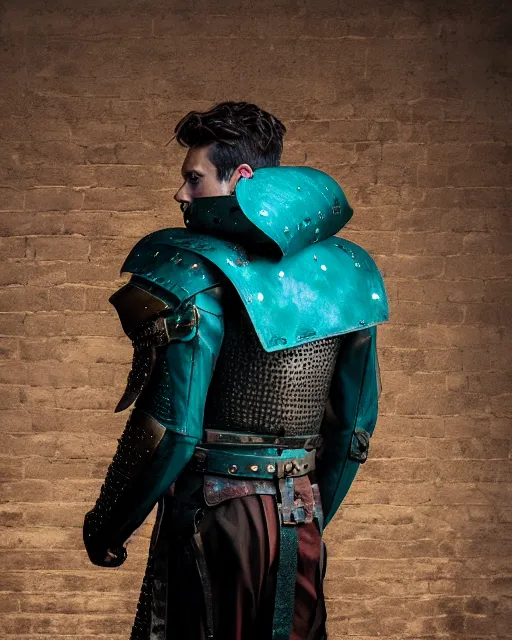 Prompt: an award - winning photo of a male model wearing a baggy teal distressed medieval menswear leather jacket inspired by medieval armour designed by alexander mcqueen, 4 k, studio lighting, wide angle lens