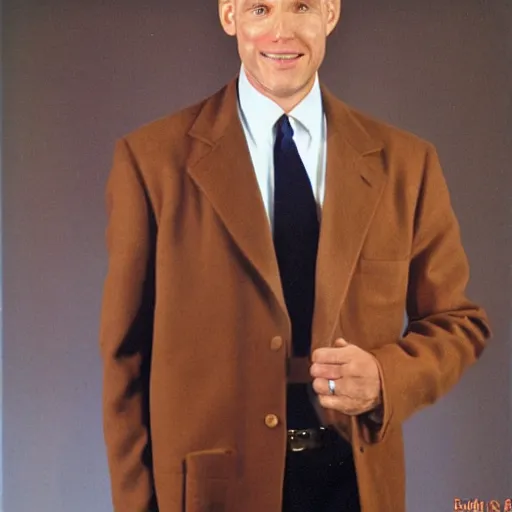 Image similar to phillip as gene hunt wearing a brown camel coat and necktie.