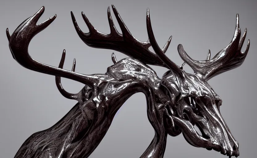 Image similar to stylized shiny polished silver statue full body bizarre extra limbs cosmic horror quadruped animal moose deer skull four legs made of marble of slug worm creature tendrils perfect symmetrical body perfect symmetrical face hyper realistic hyper detailed by johannen voss by michelangelo octane render blender 8 k displayed in pure white studio room anatomical deep red arteries veins flesh hell