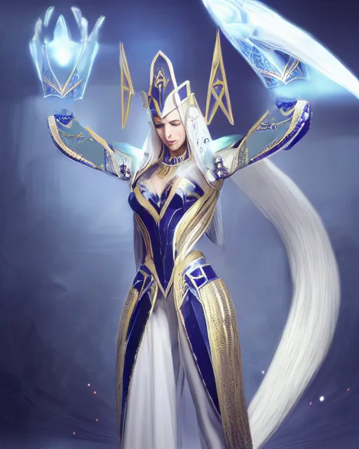 Image similar to perfect white haired attractive egyptian goddess, warframe armor, pharaoh headdress, beautiful, symmetric, dreamy, half asian, pretty face, green eyes, charlize theron, detailed, scifi platform, laboratory, experiment, 4 k, ultra realistic, epic lighting, android body, illuminated, cinematic, masterpiece, art by akihito tsukushi, voidstar