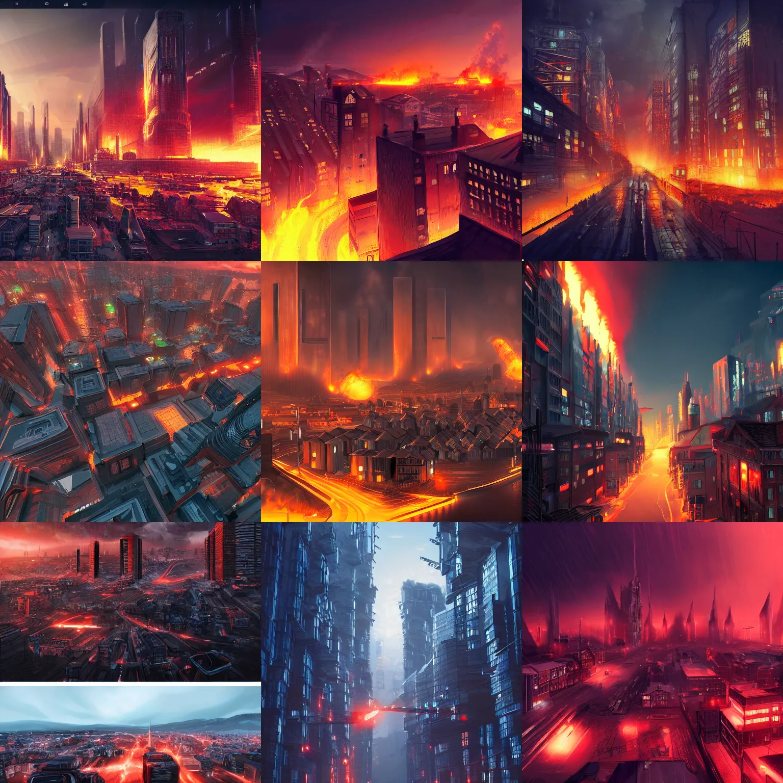 Prompt: Trondheim city, but the city is on fire, cyberpunk, trending on artstation