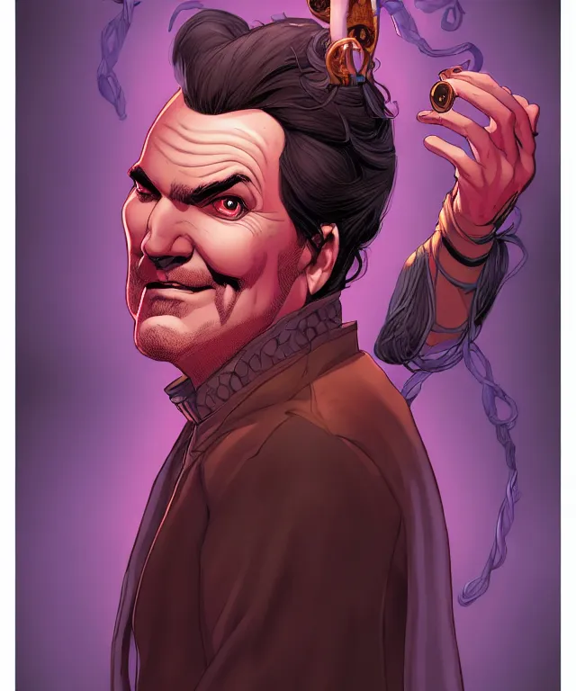 Image similar to a fantasy comic - style full portrait of a gambler who looks like norm macdonald, digital illustration by ken taylor and sana takeda and jenny frison, character design, concept art, fine inking lines, vivid colors, dnd, highly detailed!, hd, 4 k, trending on artstation