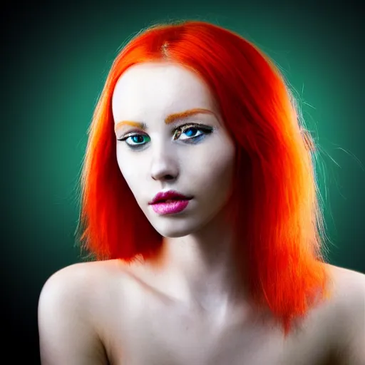 Image similar to a portrait of a beautiful cyborg girl, red hair, glowing green eyes,