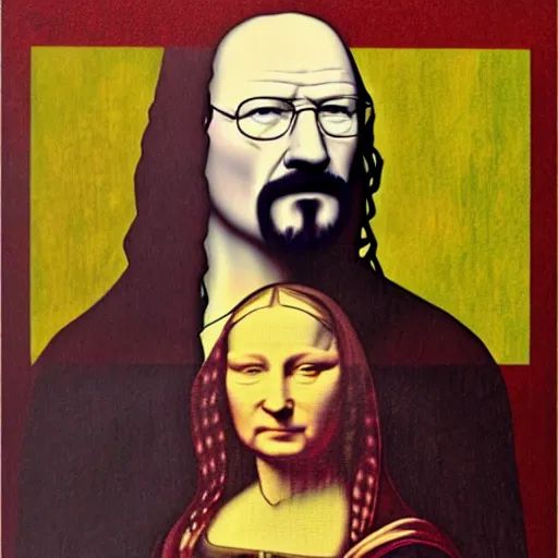 Prompt: a portrait painting of Walter White in style of Mona Lisa, low resolution