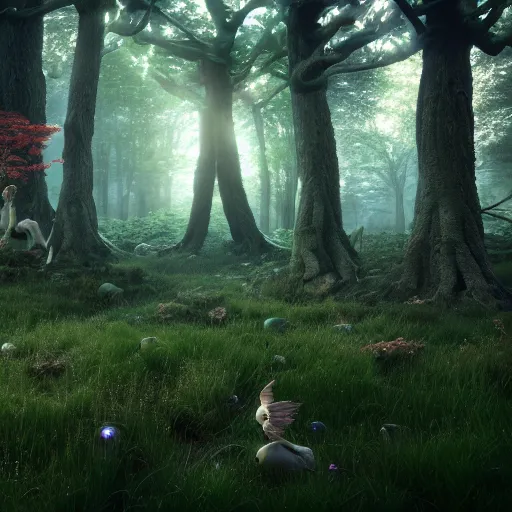 Image similar to the magical and mystical forest of vanaheim with fairies and nature, scandinavian / norse influenced, cinematic, ray traced, octane render, cinematic lighting, ultrarealistic, featured on artstation, 8 k uhd artwork