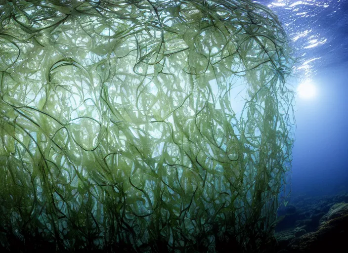 Image similar to underwater kelp forest beneath the ice of europa, award winning photograph