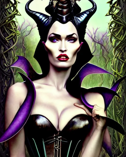 Image similar to new art nouveau portrait of fantasy succubus maleficent megan fox wearing a leather corset in a magical forest, anna dittmann, moebius, wlop, artgerm, patrick nagle, charlie bowater and loish. long windblown hair, ultrasharp focus, dramatic lighting, barbwire vine arches, photorealistic digital matte painting, intricate.