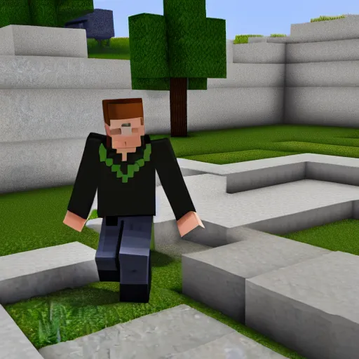 Image similar to dream from minecraft peeing on ronald reagan's grave, hyper realistic, prerendered graphics, dynamic lighting, volumetric lighting, sharp focus, hyperdetailed, realistic