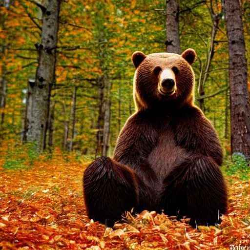 Prompt: a bear standing in a beautiful autumn forest, very high detail ultra quality photo, sigma 2 0 0 2. 8