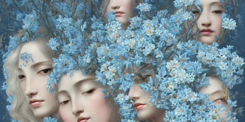 Image similar to breathtaking detailed concept art painting art deco pattern of blonde faces goddesses amalmation light - blue flowers with anxious piercing eyes and blend of flowers and birds, by hsiao - ron cheng and john james audubon, bizarre compositions, exquisite detail, extremely moody lighting, 8 k