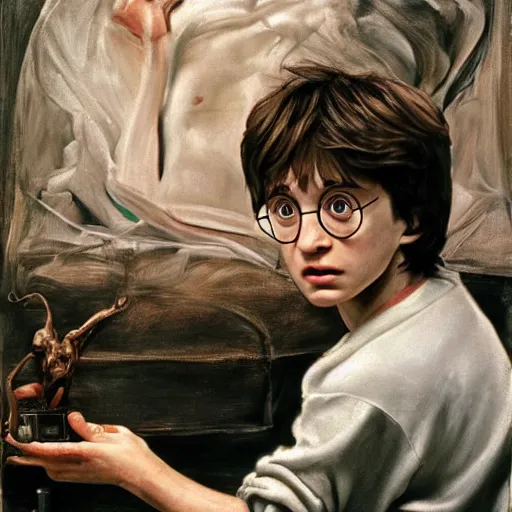 Prompt: young Harry Potter watching Harry Potter and the Deathly Hallows on old TV by Lucian Freud and Jenny Saville, oil painting, anatomically correct, beautiful perfect face, visible brushstrokes, sharp focus, Highly Detailed, Cinematic Lighting, 8k, HD