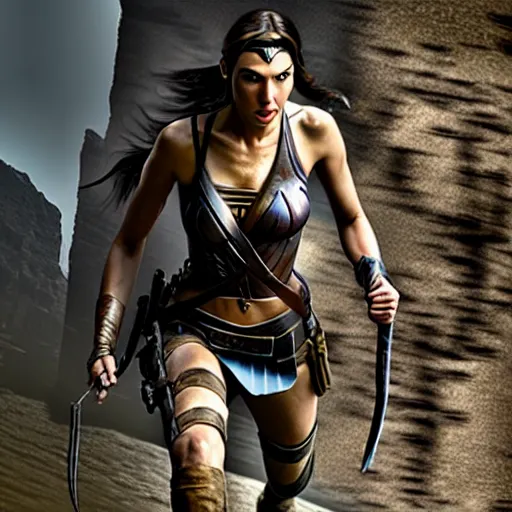 Prompt: film still of gal gadot as tomb raider, realistic, cinematic