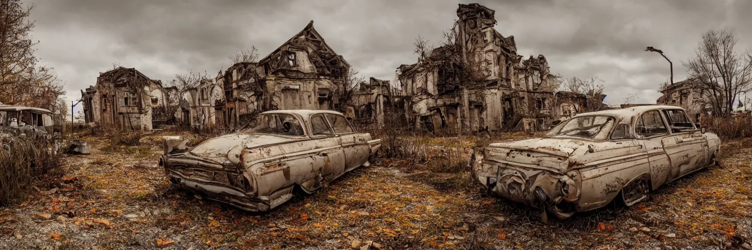 Image similar to low wide angle shot of dilapidated fallout 5 europa, retro futuristic overgrown euro rural town, desolate, dilapidated houses, few rusted retro futuristic vintage parked vehicles like cars, volumetric lighting, photorealistic, daytime, autumn, cold sunny weather, sharp focus, ultra detailed, 4 1 0 0 k