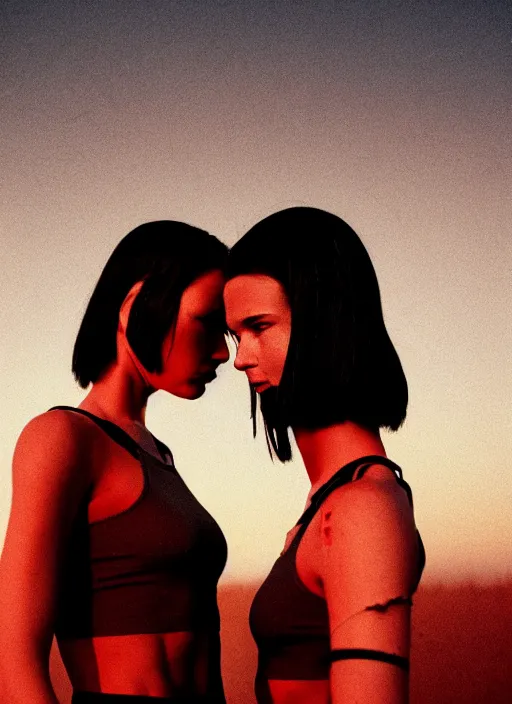 Prompt: cinestill 5 0 d photographic portrait of two loving female androids wearing rugged black mesh techwear crop top on a desolate plain with a red sky, extreme closeup, modern cyberpunk, dust storm, 8 k, hd, high resolution, 3 5 mm, f / 3 2, ultra realistic faces, ex machina, blade runner