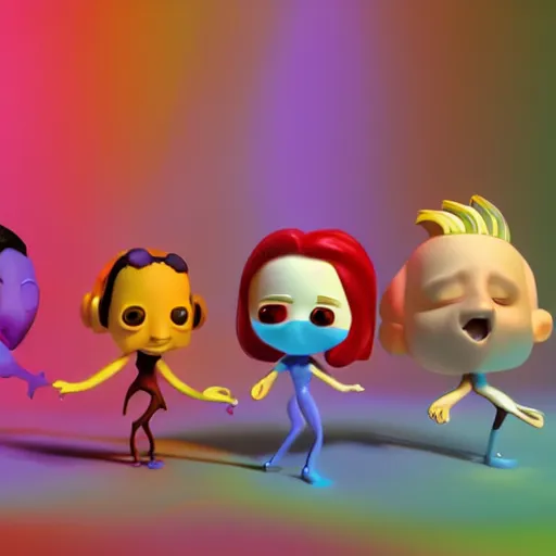Image similar to single crazy melting plastic toy Pop Figure characterdesign product, C4d, by pixar, by dreamworks, in a Studio hollow, surrounded by flying particles