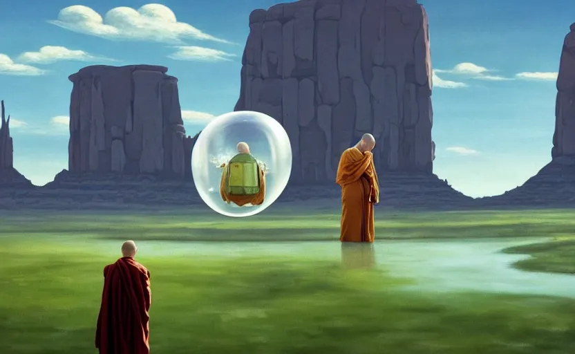 Prompt: a scary hyperrealist painting of a monk in a giant transparent bubble from howl's moving castle ( 2 0 0 4 ) in a flooded monument valley stonehenge jungle. depth perception, 4 k, artstation, in the style of studio ghibli