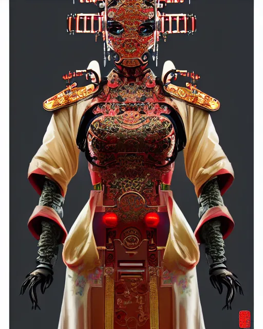 Image similar to portrait of a chinese cyberpunk machine, machine face, robed, upper half portrait, decorated with chinese opera motifs regal royal fierce machine robot cyberpunk fine china, wuxia, traditional chinese art intricate intense elegant highly detailed digital painting artstation concept art smooth sharp focus illustration, art by artgerm and greg rutkowski alphonse mucha 8 k