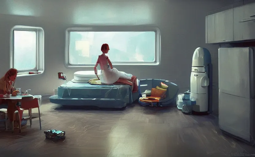 Image similar to a stylish bedroom interior, scifi plastic capsule apartment, kitchen, toilet, painting by Craig Mullins, octane rendering, soft lighting, wide angle lens, worm's-eye view, in the style of Pixar animation, trending on artstation,