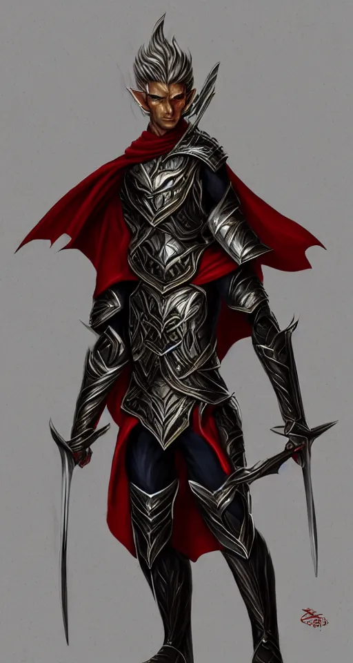 Image similar to A medium shot portrait of a male elf, he is about 20 years old, attractive, lean but muscular, serious composure, short silver hair, prideful look, he is wearing black heavy armor with gold plating and a red cape, highly detailed portrait, digital painting, ArtStation, concept art, smooth, sharp focus illustration, ArtStation HQ