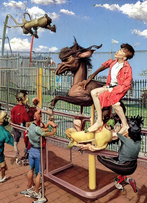 Prompt: realistic detailed image of a dark horse on a playground by Francis Bacon, Surreal, Norman Rockwell, Greg Hildebrandt, and Mark Brooks, triadic color scheme, By Greg Rutkowski, in the style of Francis Bacon and Syd Mead and Edward Hopper and Norman Rockwell and Beksinski, open ceiling, highly detailed, painted by Francis Bacon, painted by James Gilleard, surrealism, airbrush, Ilya Kuvshinov, WLOP, Stanley Artgerm, very coherent, art by Takato Yamamoto and James Jean