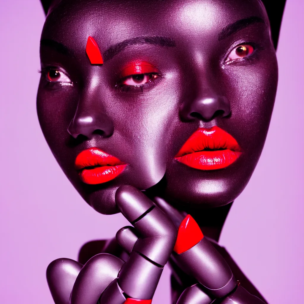 Image similar to medium shot, photograph of alluring dark skin female robot looking into camera, red lipstick, sharp focus,, chromatic abberations, as fashion editorial 9 0 s