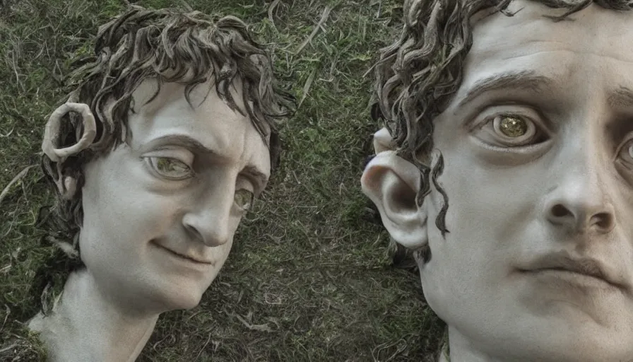 Prompt: tribute sculpture of elijah wood as frodo, cnn news footage taken from above.