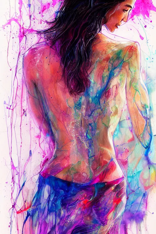 Image similar to gal gadot by agnes cecile enki bilal moebius, intricated details, 3 / 4 back view, full body portrait, extremely luminous bright design, pastel colours, drips, autumn lights