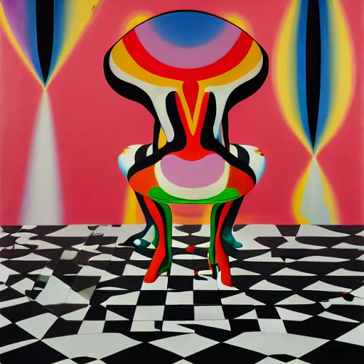 Prompt: portrait of a morphed harlequin sitting on a stool looking into a mirror doing makeup by james jean and luc tuymans and beeple and hernan bas and pat steir and hilma af klint, psychological, 3 d, dripping paint, monochrome, high quality render, masterpiece