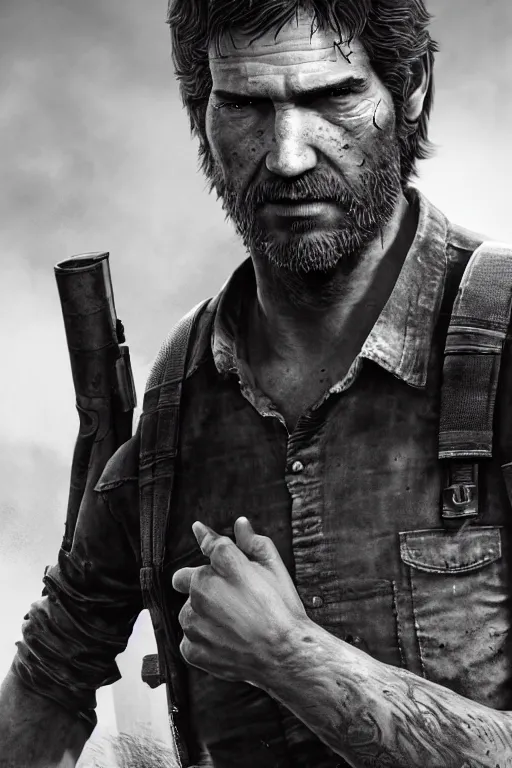 Image similar to ultra realistic facial portrait of joel from the last of us part 2, digital art, character portrait, highly detailed, trending on artstation, lens flare, atmosphere, hyper realistic, cinematic lightning, sharp focus, unreal engine 5, extreme details perfect face, pretty face, fine - face, illustration, 8 k, ultra texture, masterpiece