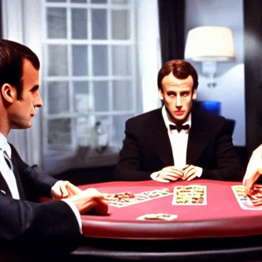 Image similar to Emmanuel Macron, playing poker with the devil, in American Psycho (1999)