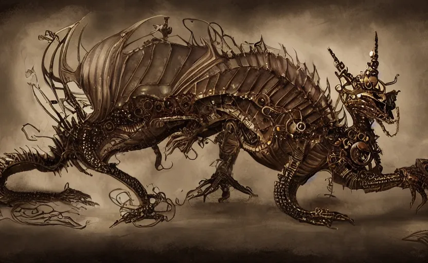 Image similar to concept art for a steampunk clockwork dragon. whimsical fantasy art. dark background. award winning painting. highly detailed digital art. masterpiece. trending on artstation