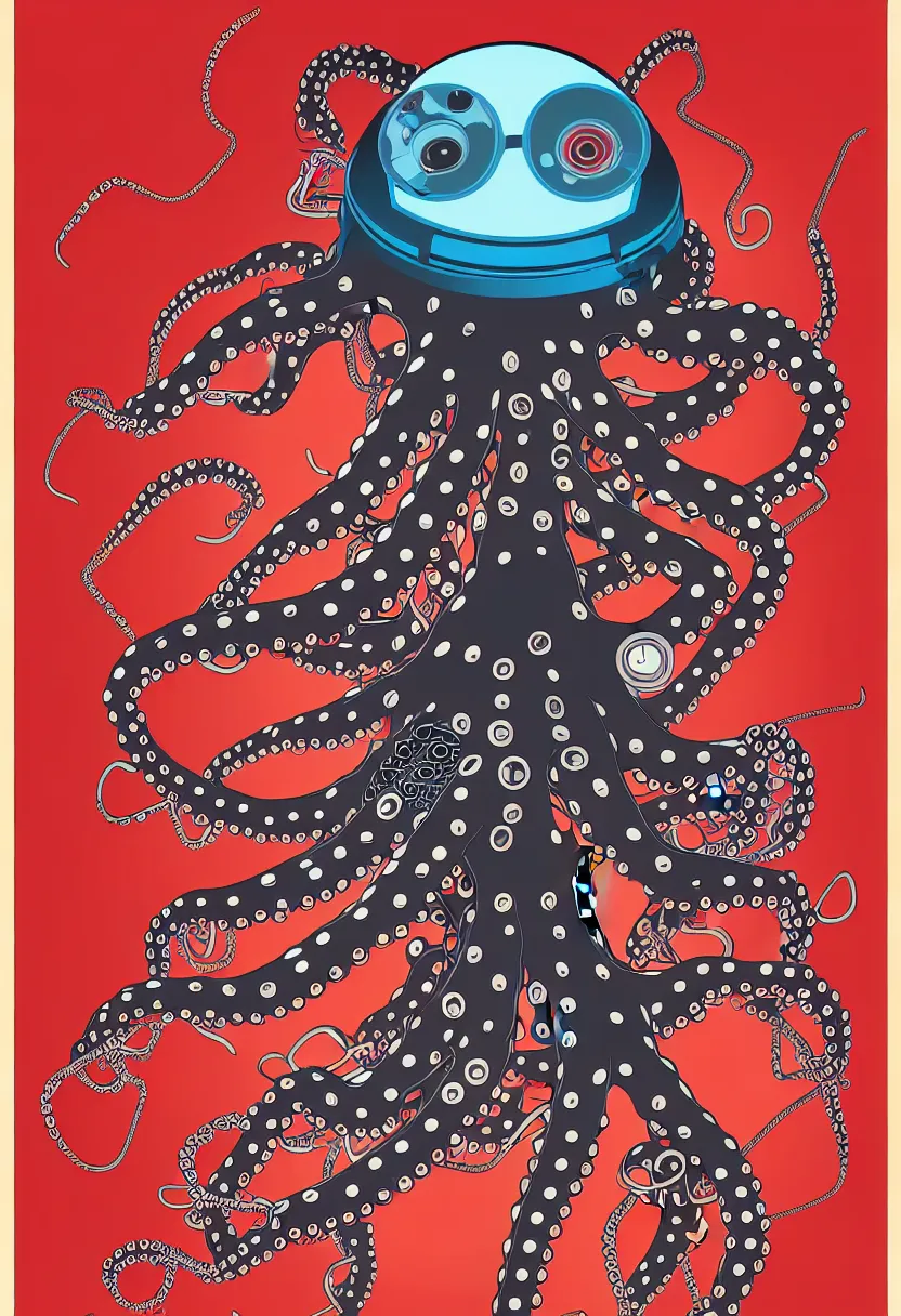 Image similar to concert poster for 'Grandpa Finger', dying robot octopus, vector art, 8k, highly detailed illustration