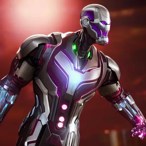 Image similar to still photo of marvel ultron on thanos, highly detailed, photorealistic portrait, bright studio setting, studio lighting, crisp quality and light reflections, unreal engine 5 quality render