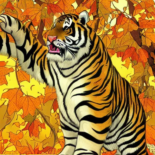 Prompt: a highly detailed cartoon tiger waving a leaf fan, autumn leaves on the ground, concise lines, ultradetailed environment, sharp focus, cinematic lighting, by alphonse maria mucha and kim jung gi